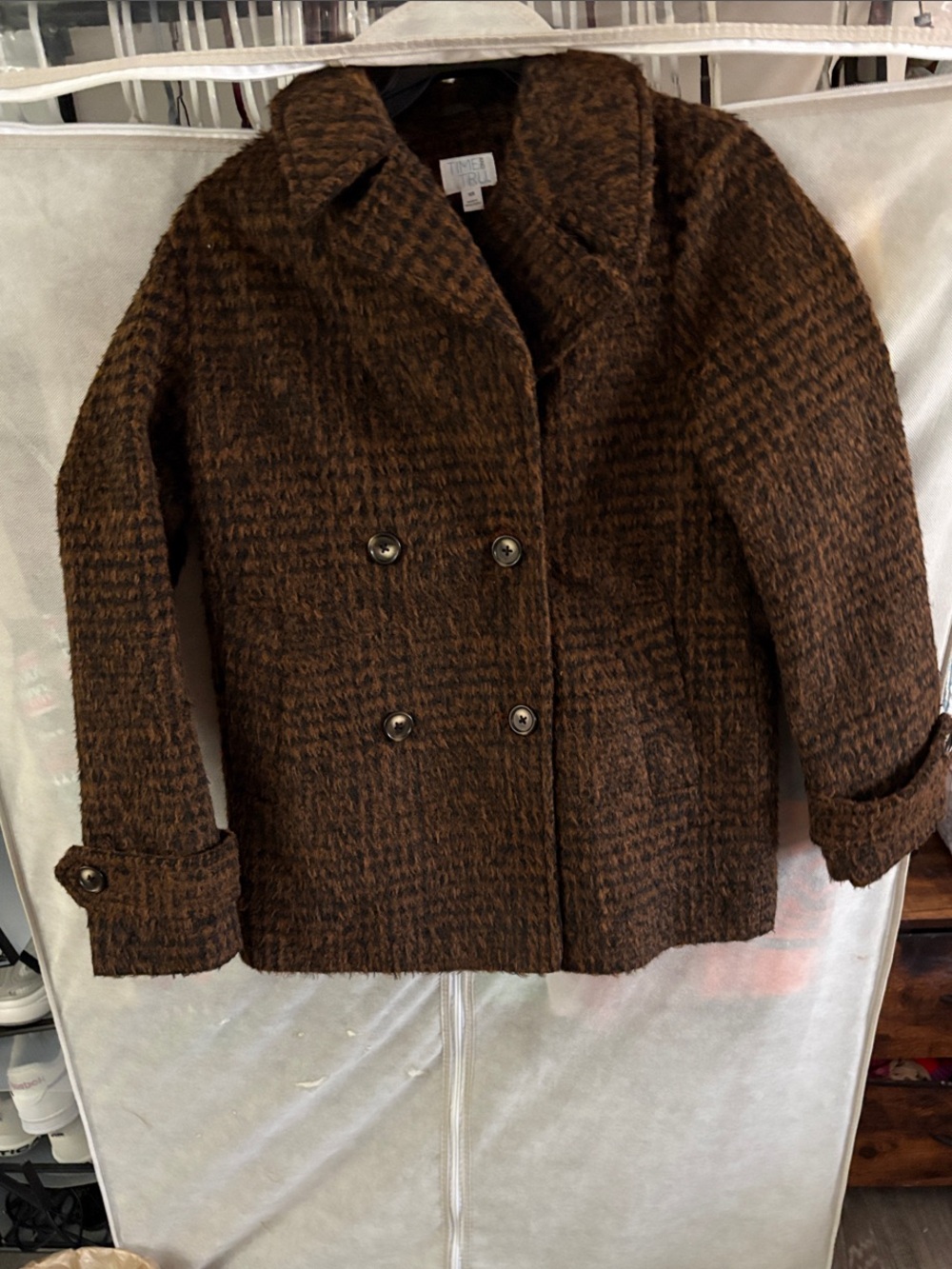 Brown Plaid Double-Breasted Wool Blend Peacoat